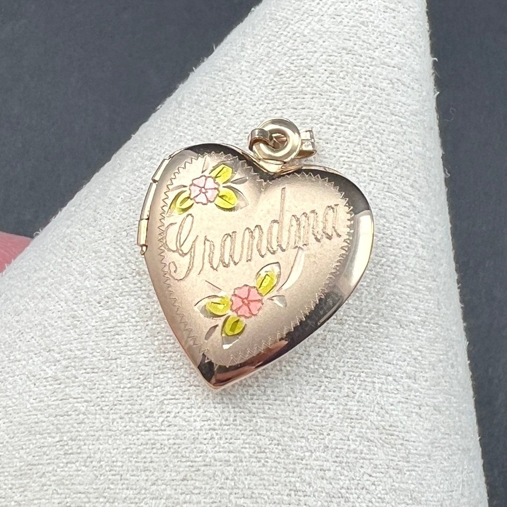 Vintage Gold Filled Locket Grandma Heart Floral Hand Painted 14KT GF Signed TK